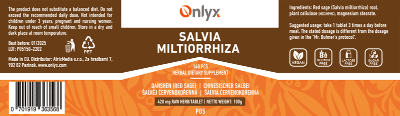 Salvia miltiorrhiza | Danshen | Šalvěj červenokořenná - raw bylinné tablety - 100g |P05|